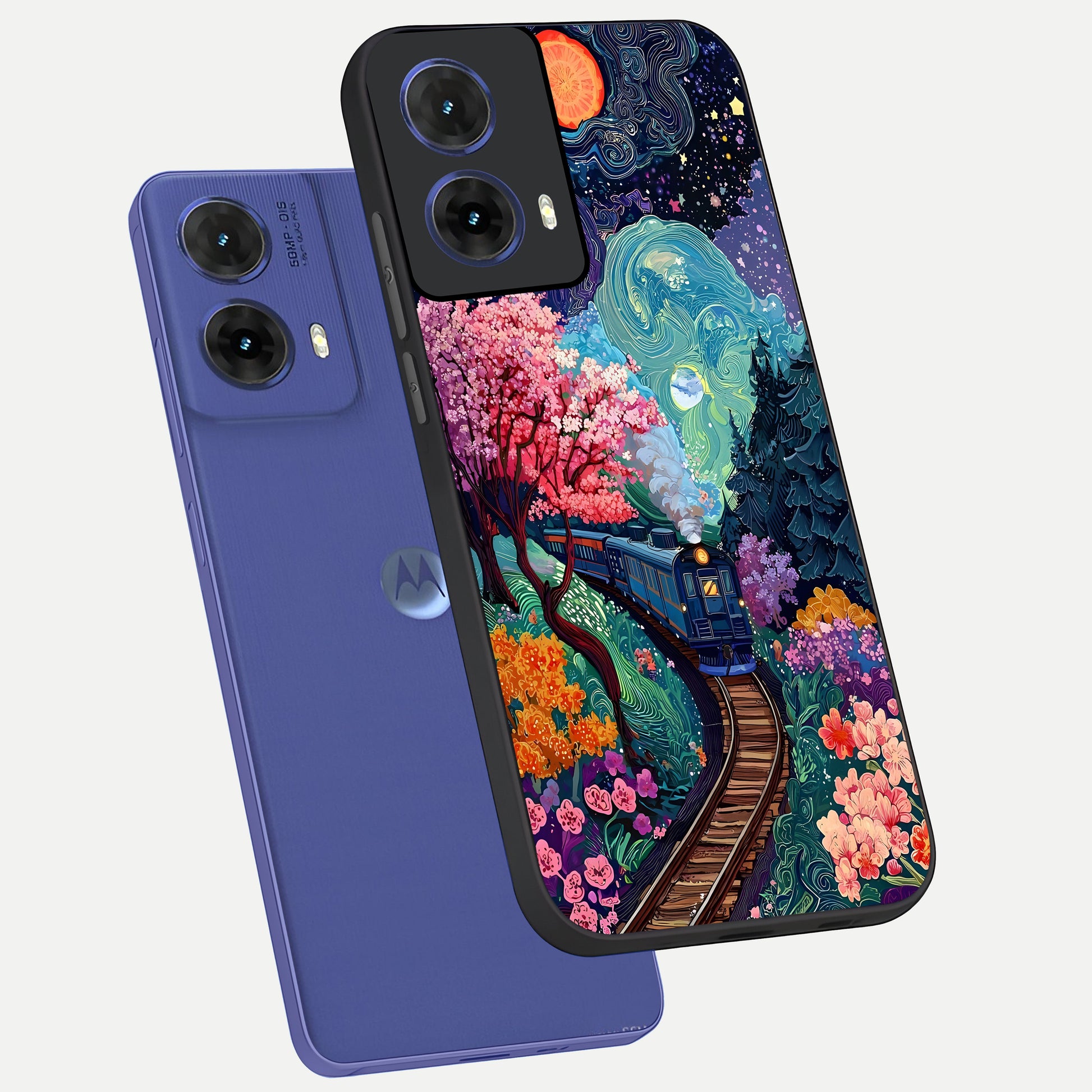  Celestial Train Journey phone case For Moto G85 showing premium glass back cover with detailed artwork