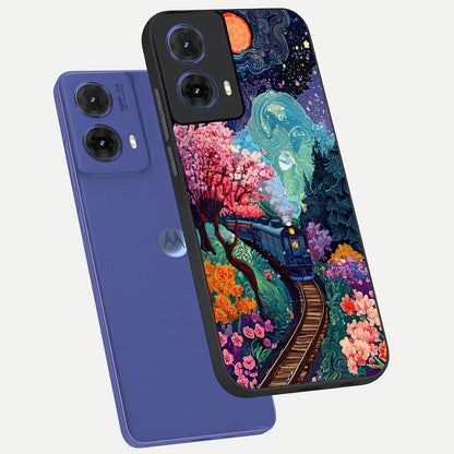  Celestial Train Journey phone case For Moto G85 showing premium glass back cover with detailed artwork