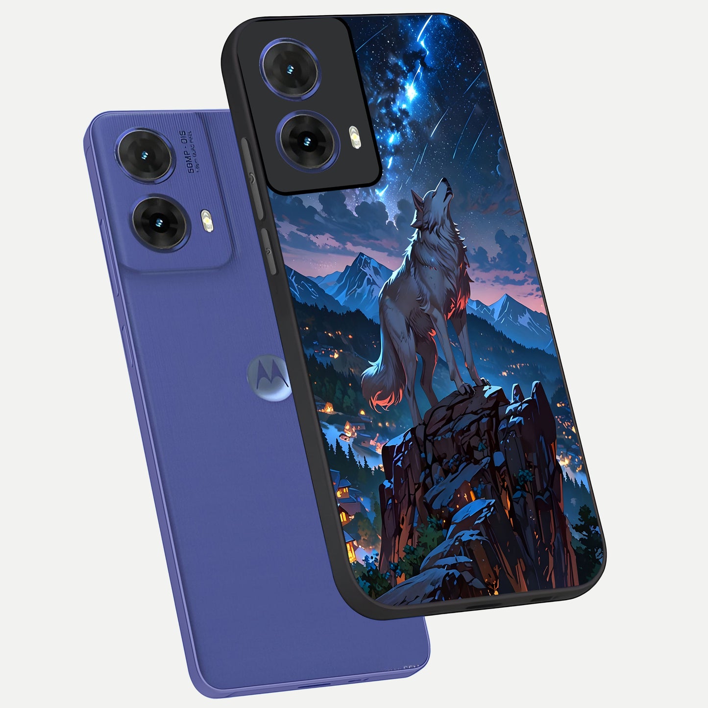  Celestial Wolf Howl phone case For Moto G85 showing premium glass back cover with detailed artwork