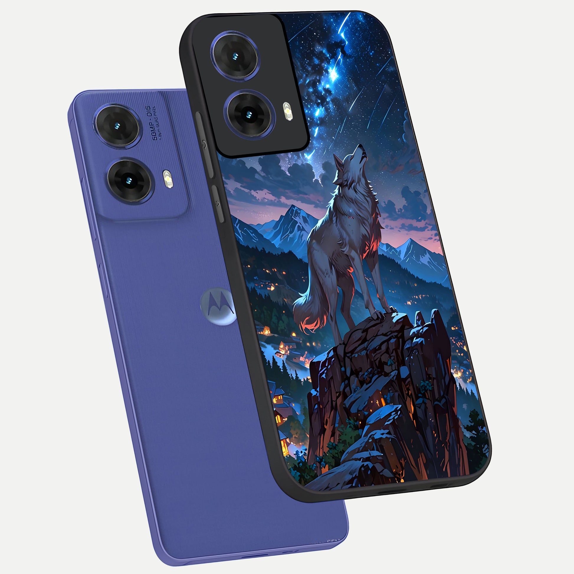  Celestial Wolf Howl phone case For Moto G85 showing premium glass back cover with detailed artwork