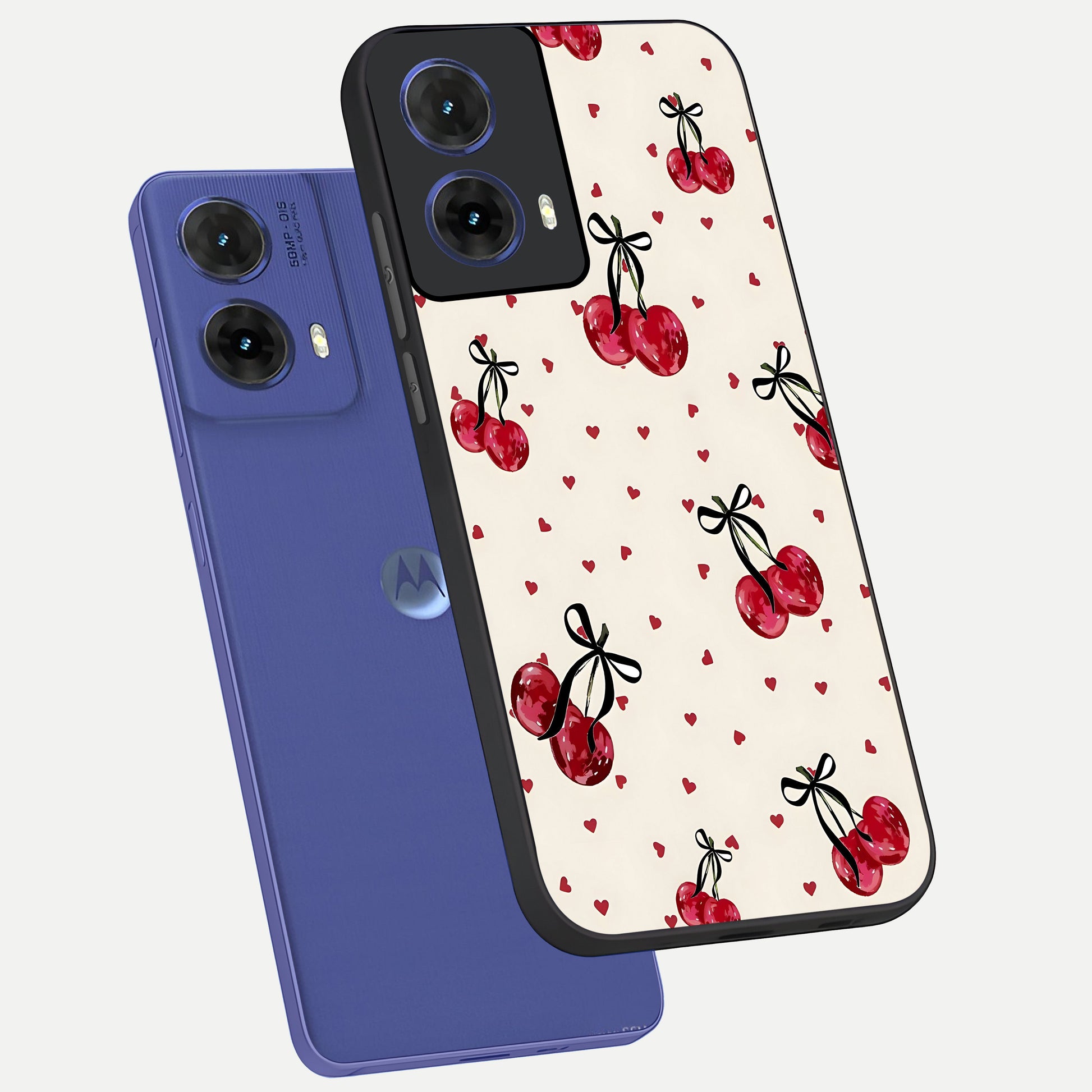  Cherry Heart Bow phone case For Moto G85 showing premium glass back cover with detailed artwork