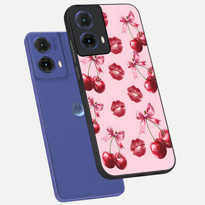  Cherry With Lips phone case For Moto G85 showing premium glass back cover with detailed artwork