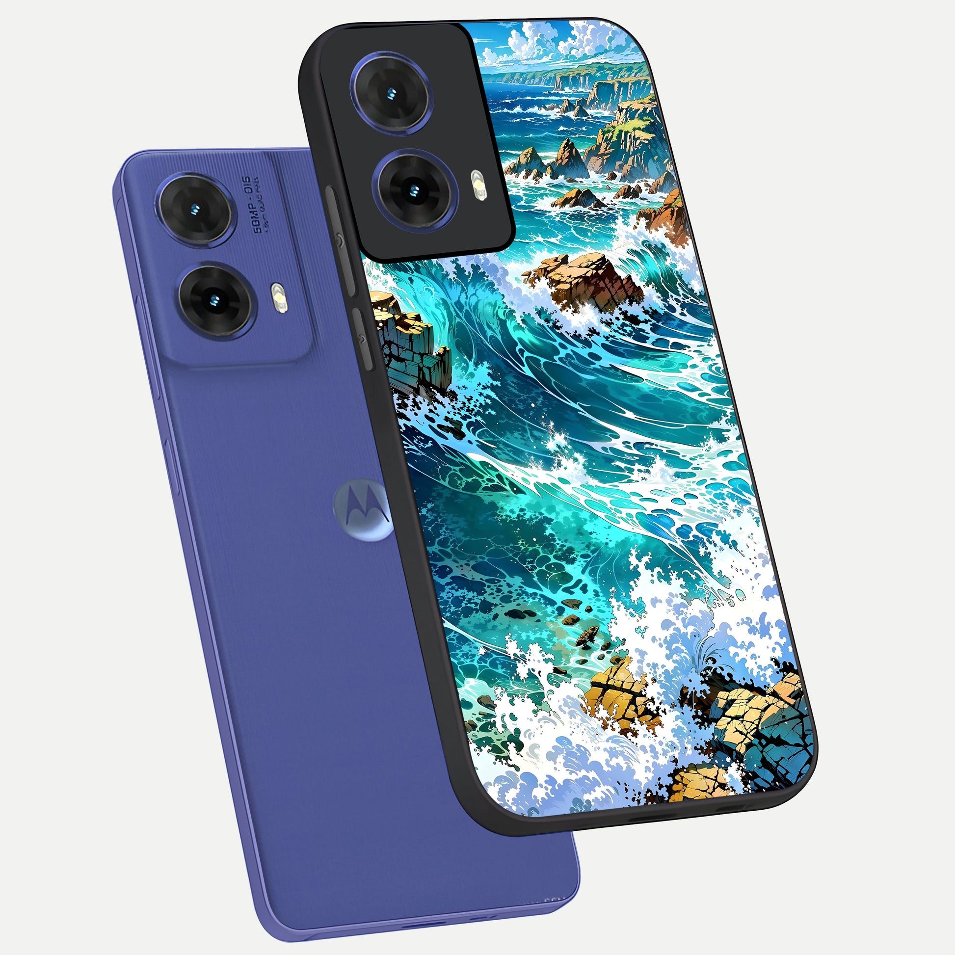  Coastal Blue Waves phone case For Moto G85 showing premium glass back cover with detailed artwork