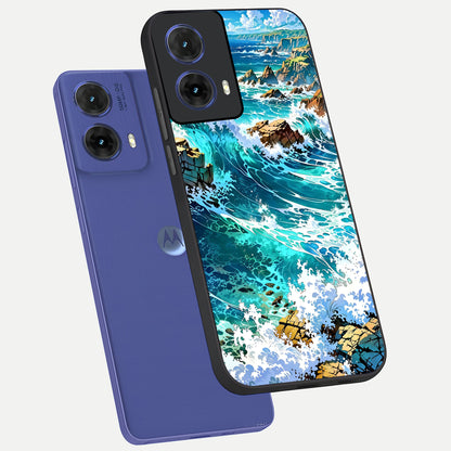  Coastal Blue Waves phone case For Moto G85 showing premium glass back cover with detailed artwork