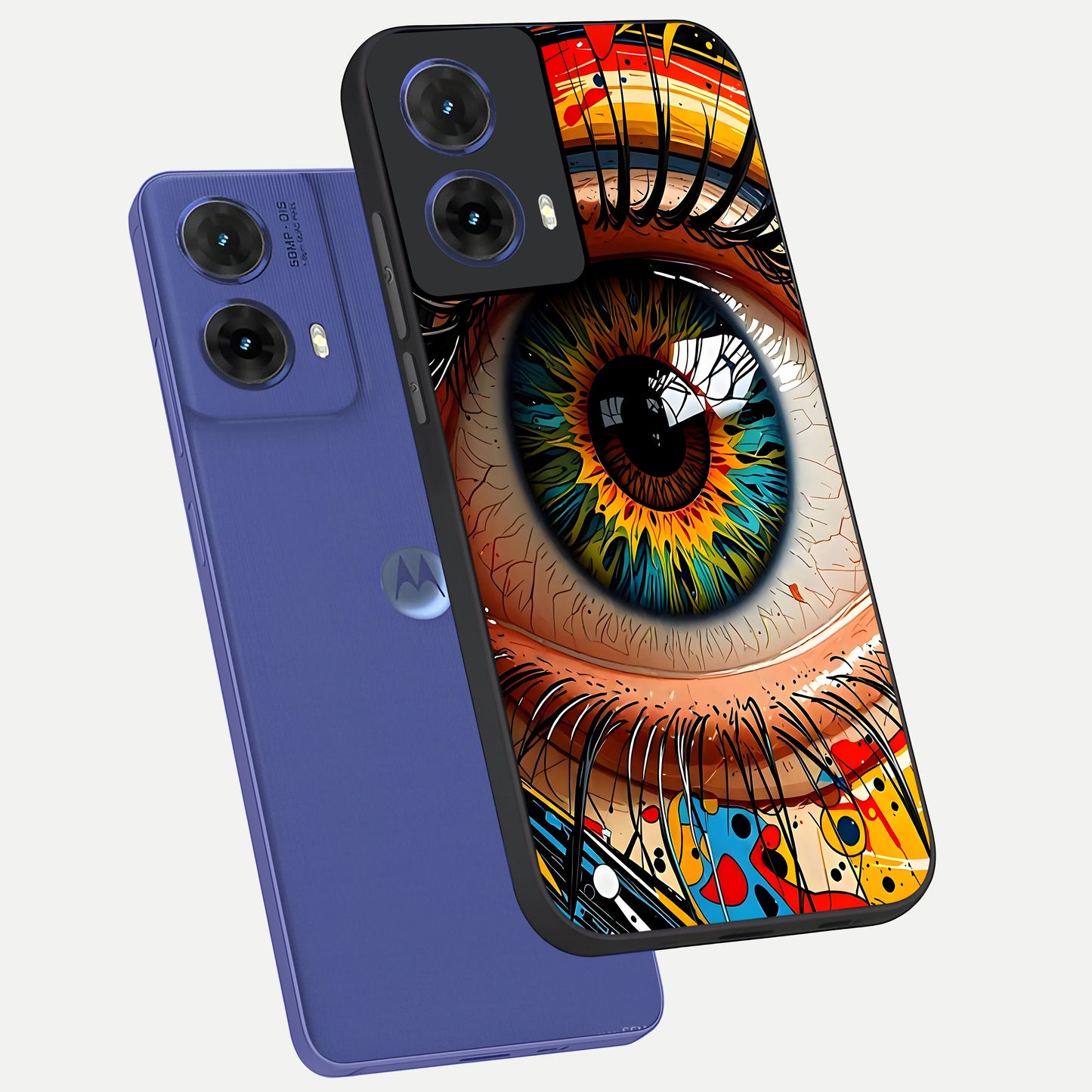  Colorful Eye phone case For Moto G85 showing premium glass back cover with detailed artwork