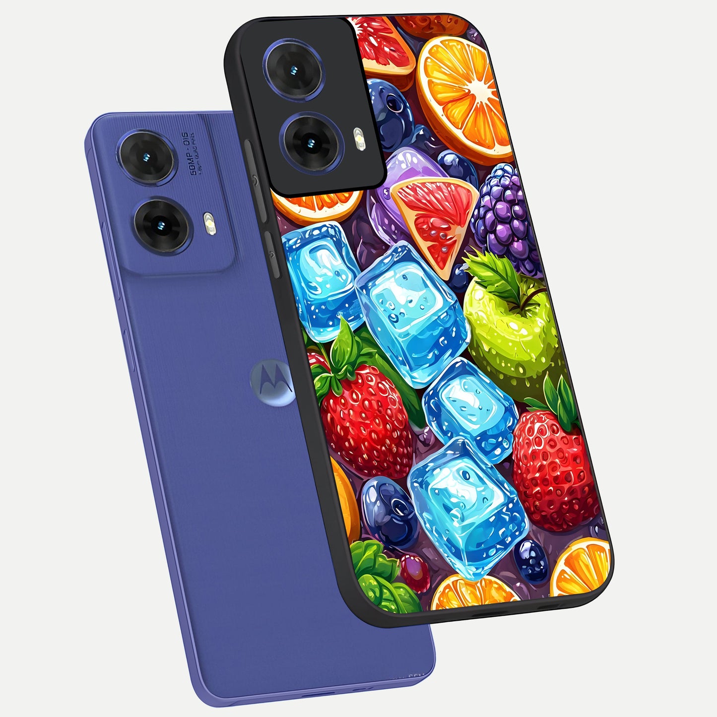  Colorful Fruits with Ice phone case For Moto G85 showing premium glass back cover with detailed artwork
