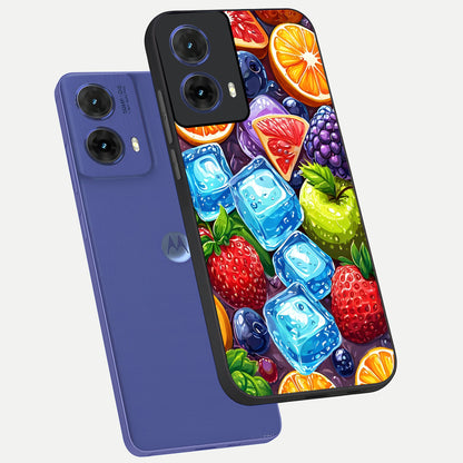  Colorful Fruits with Ice phone case For Moto G85 showing premium glass back cover with detailed artwork