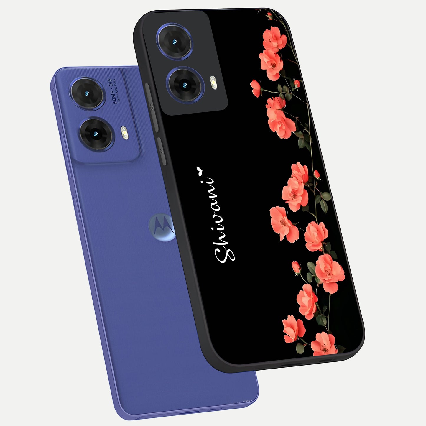  Crimson Bloom Grace Custom Name phone case For Moto G85 showing premium glass back cover with detailed artwork