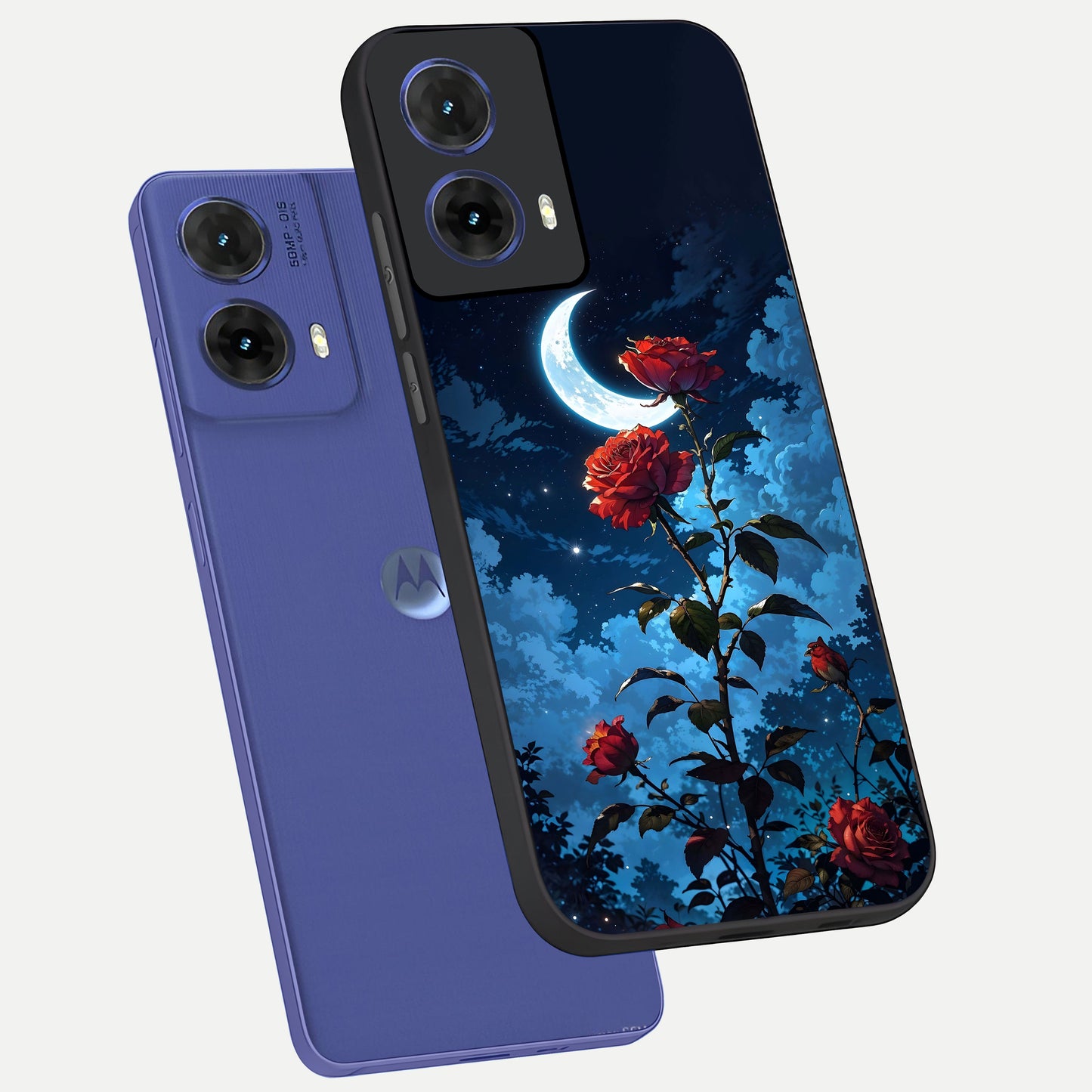  Crimson Rose Moon phone case For Moto G85 showing premium glass back cover with detailed artwork