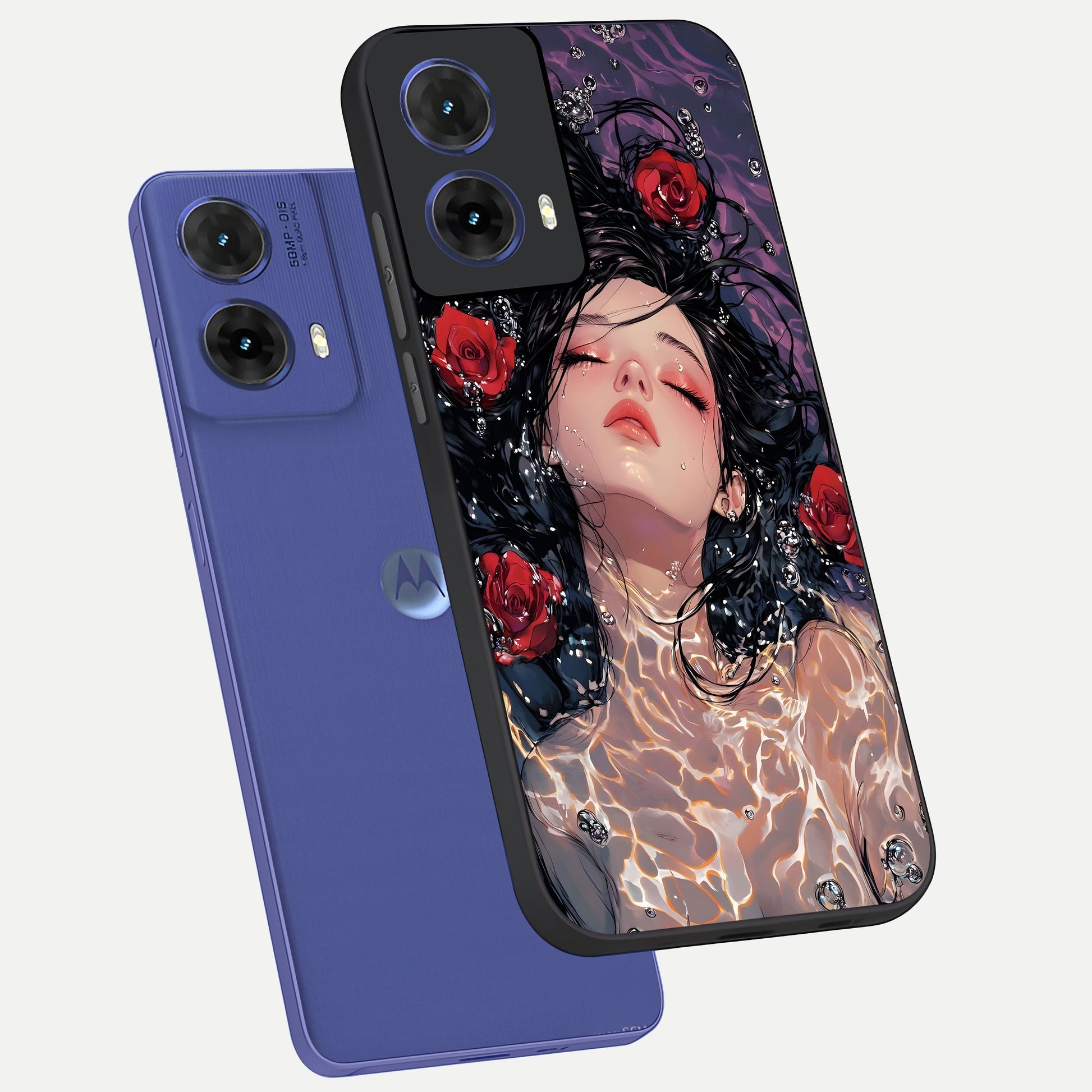  Crimson Rose Serenity phone case For Moto G85 showing premium glass back cover with detailed artwork
