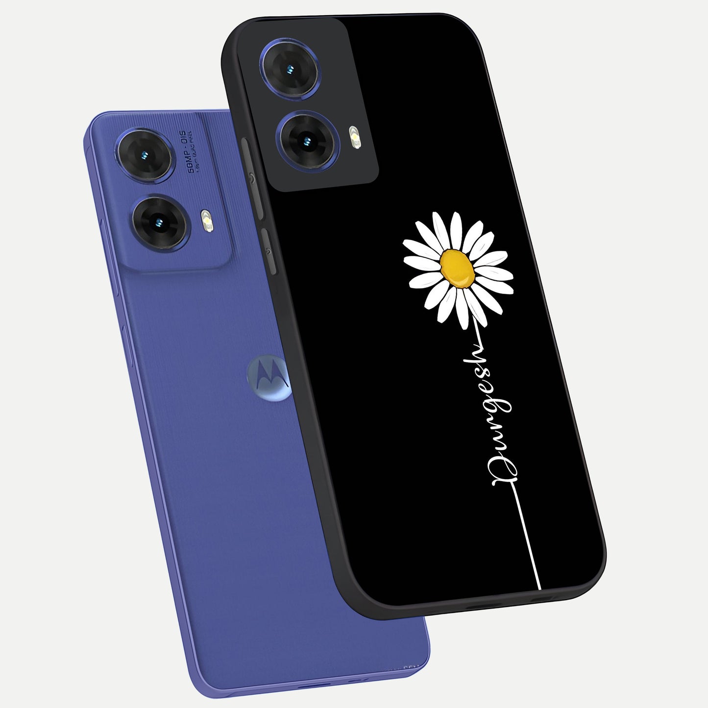  Custom Name White Flower phone case For Moto G85 showing premium glass back cover with detailed artwork