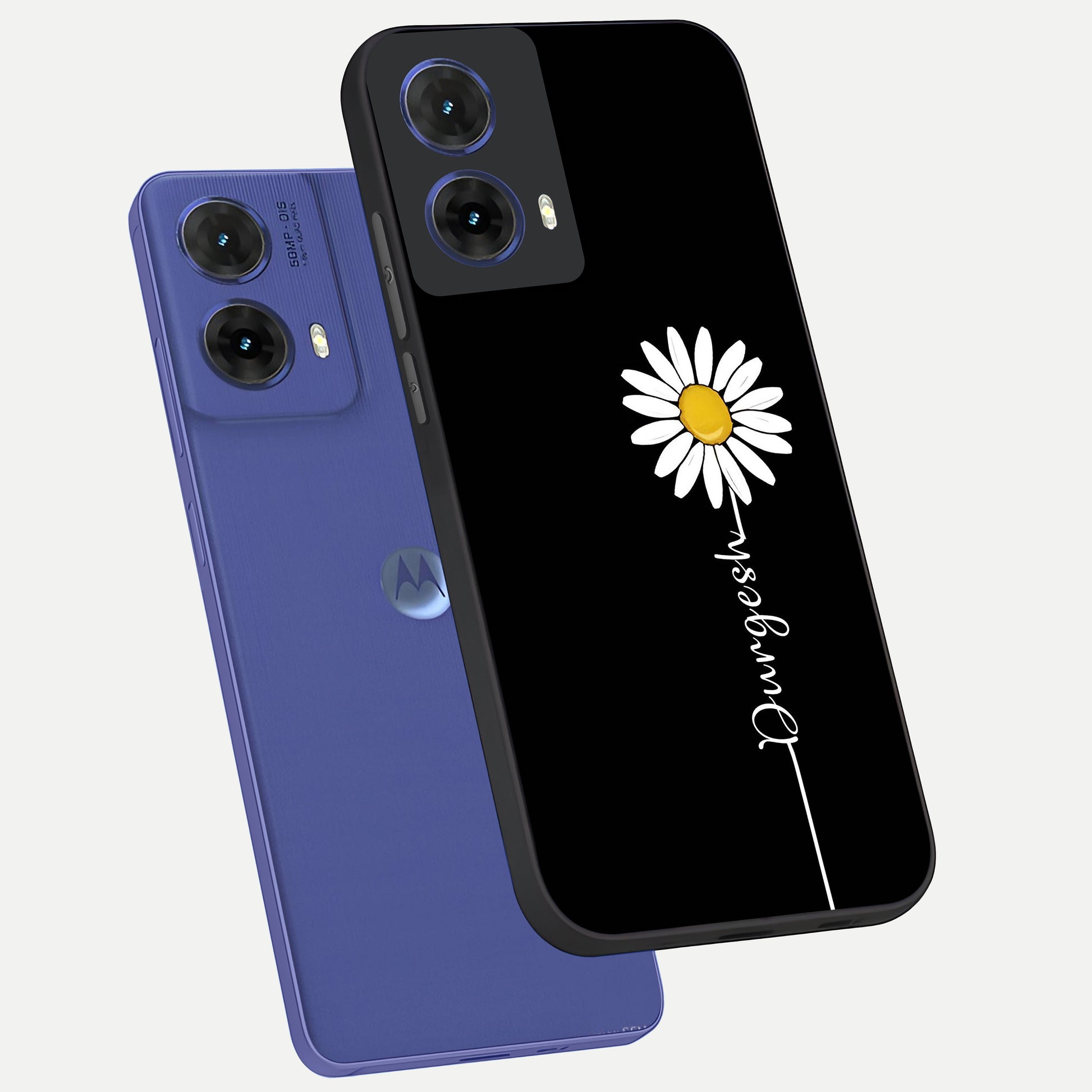  Custom Name White Flower phone case For Moto G85 showing premium glass back cover with detailed artwork