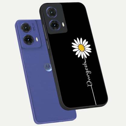  Custom Name White Flower phone case For Moto G85 showing premium glass back cover with detailed artwork