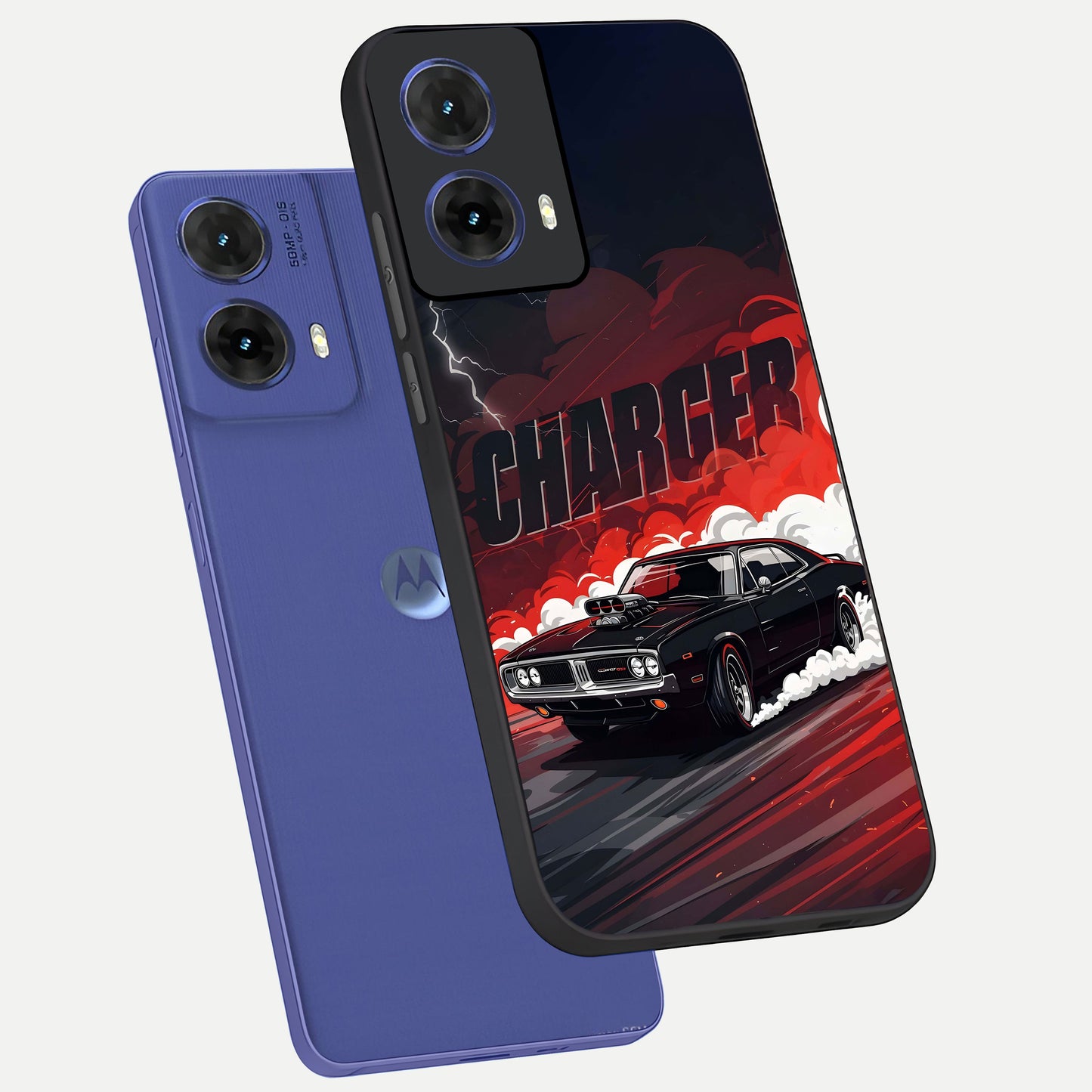 Dark Charger Fury phone case For Moto G85 showing premium glass back cover with detailed artwork