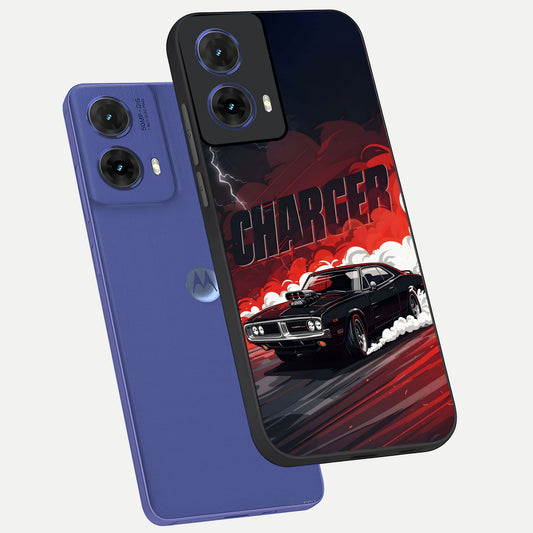  Dark Charger Fury phone case For Moto G85 showing premium glass back cover with detailed artwork