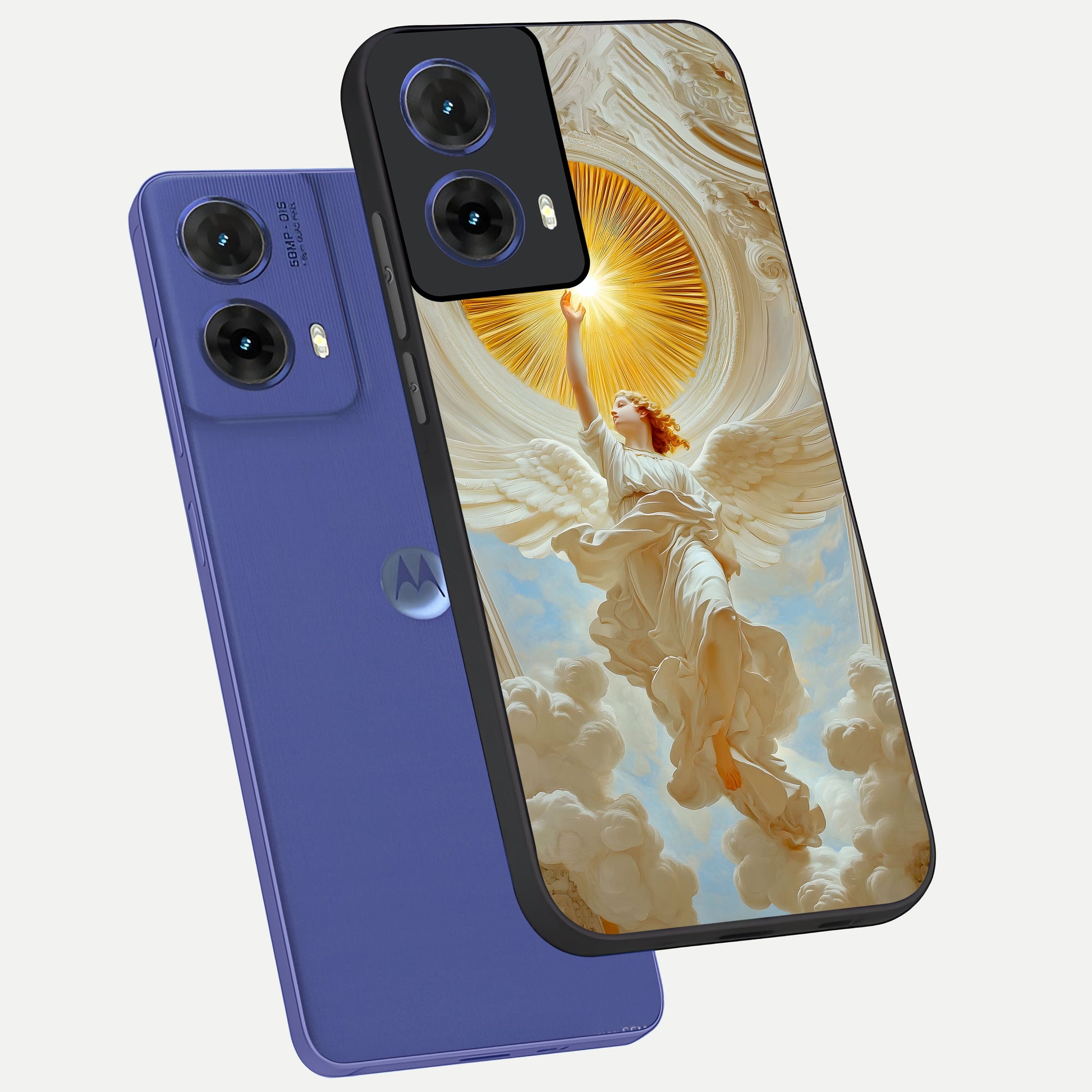  Divine Light Angel phone case For Moto G85 showing premium glass back cover with detailed artwork