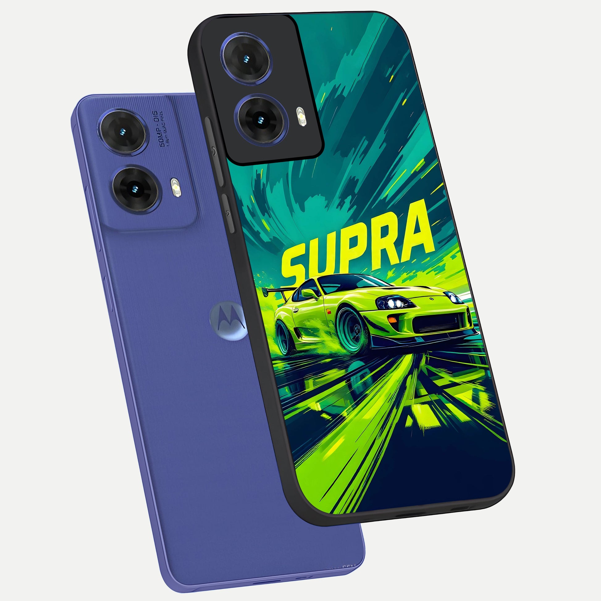  Electric Supra Thunder phone case For Moto G85 showing premium glass back cover with detailed artwork