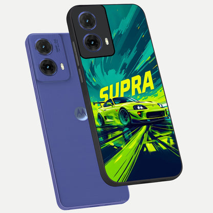  Electric Supra Thunder phone case For Moto G85 showing premium glass back cover with detailed artwork