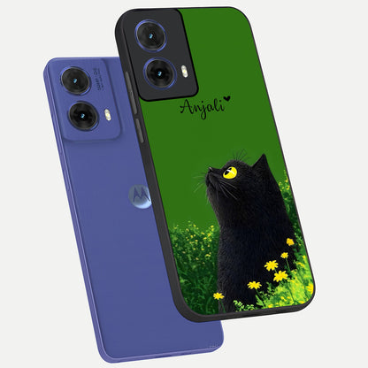 Emerald Cat Custom Name phone case For Moto G85 showing premium glass back cover with detailed artwork
