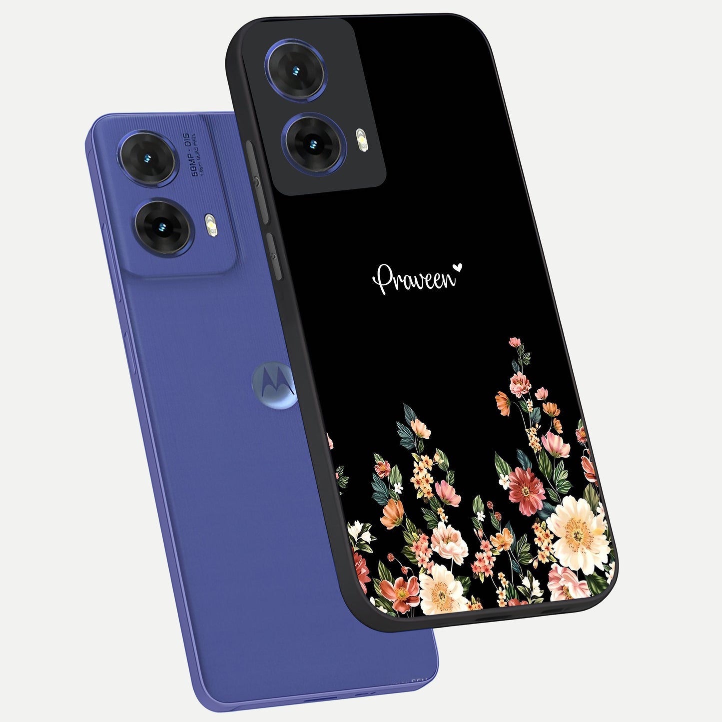  Floral Design Personalized Custom Name phone case For Moto G85 showing premium glass back cover with detailed artwork
