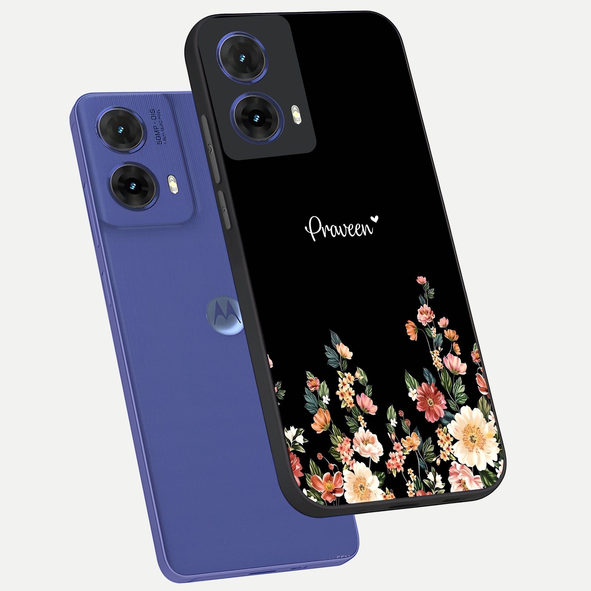  Floral Design Personalized Custom Name phone case For Moto G85 showing premium glass back cover with detailed artwork