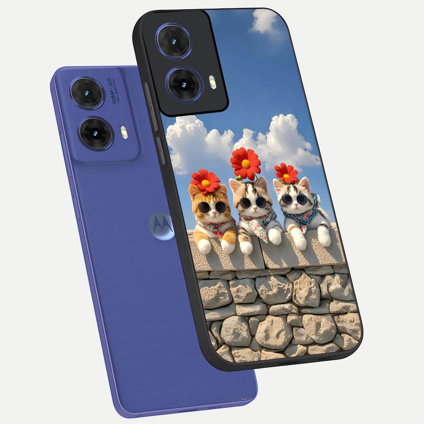  Floral Kitty Squad phone case For Moto G85 showing premium glass back cover with detailed artwork