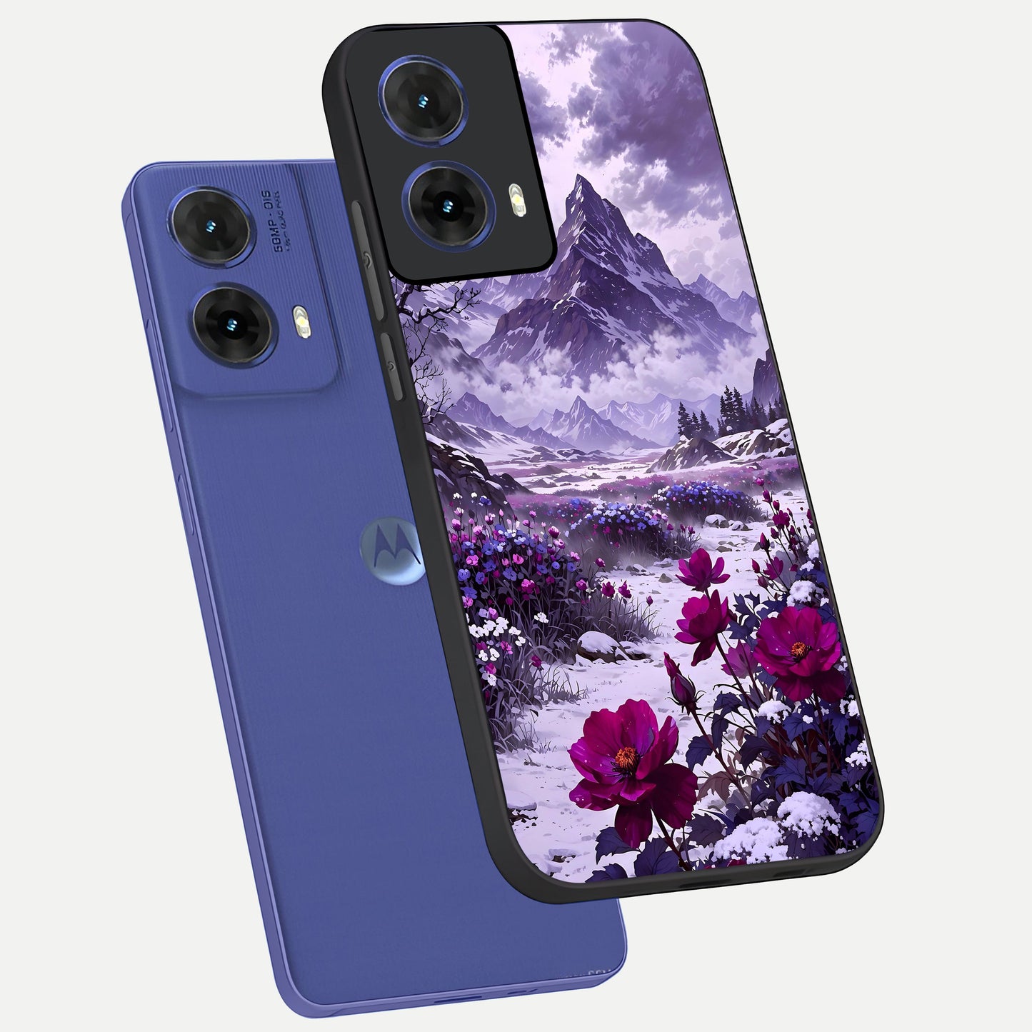  Flower Mountain View phone case For Moto G85 showing premium glass back cover with detailed artwork