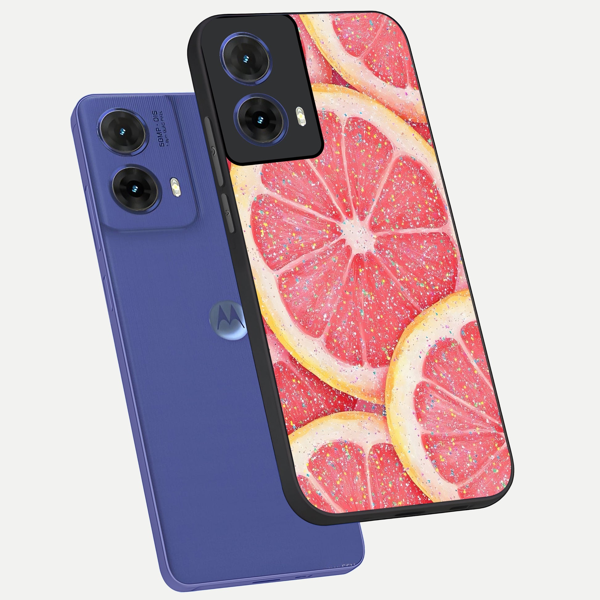  Glitter Grapefruit phone case For Moto G85 showing premium glass back cover with detailed artwork