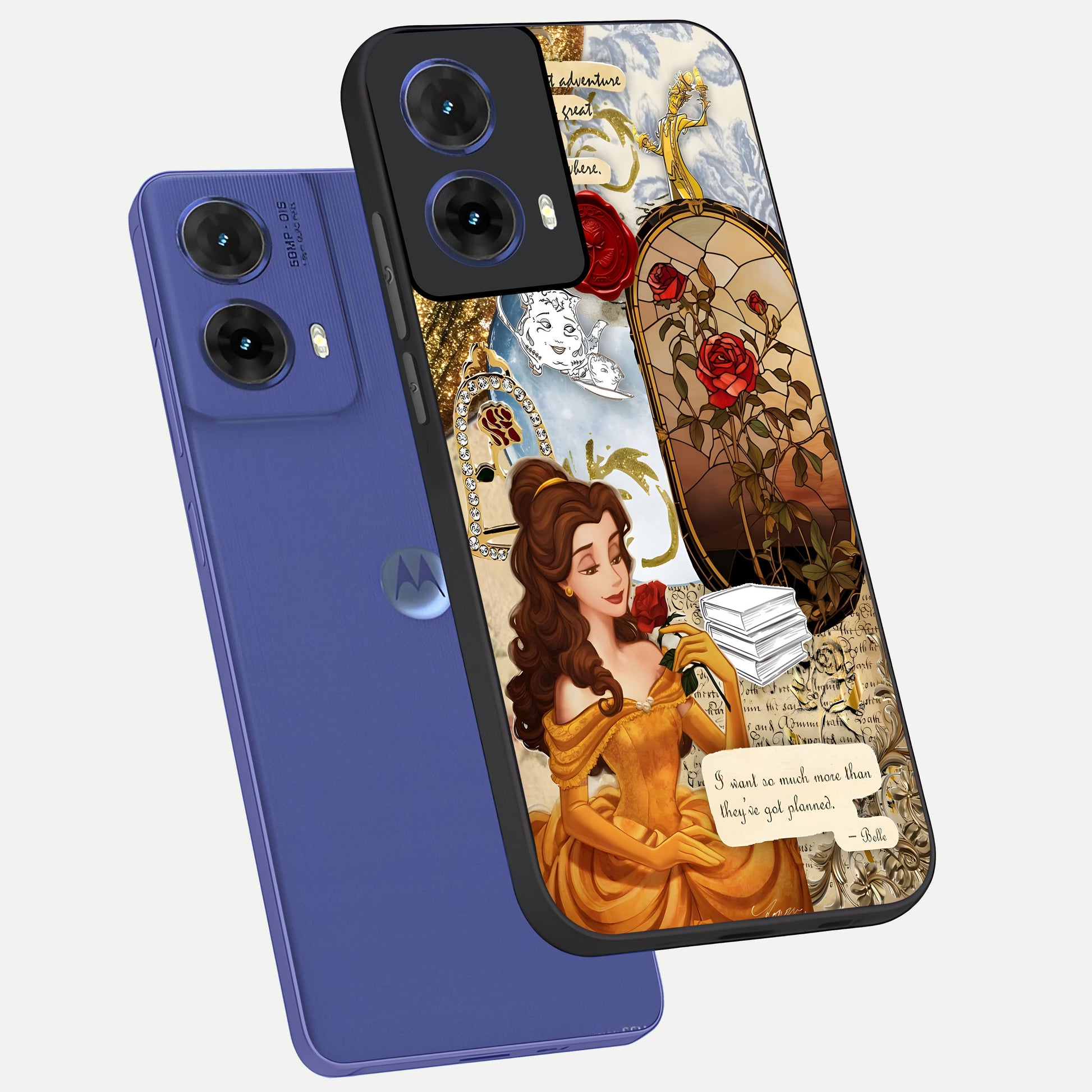  Golden Dream Belle phone case For Moto G85 showing premium glass back cover with detailed artwork