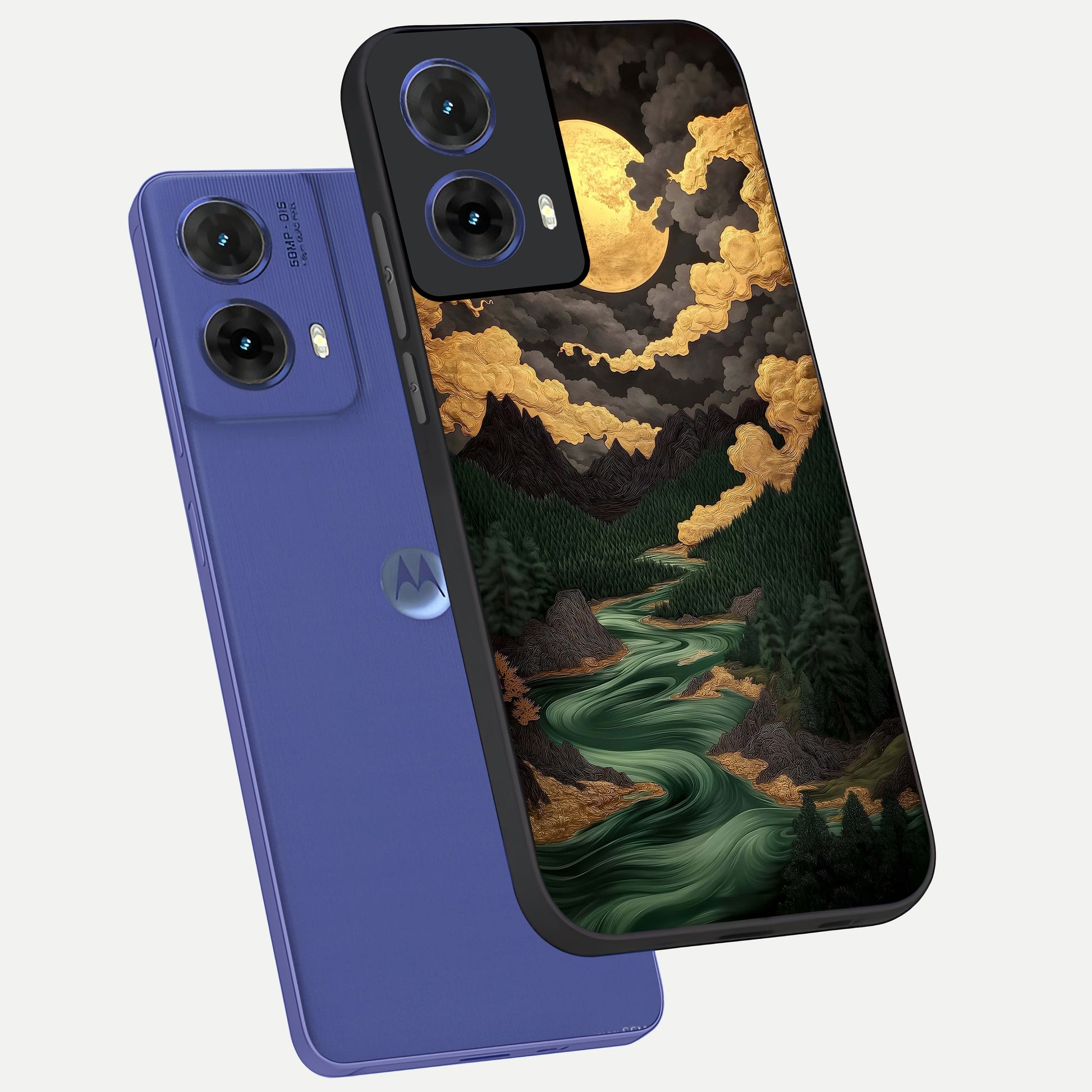  Golden River Moon phone case For Moto G85 showing premium glass back cover with detailed artwork