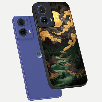  Golden River Moon phone case For Moto G85 showing premium glass back cover with detailed artwork