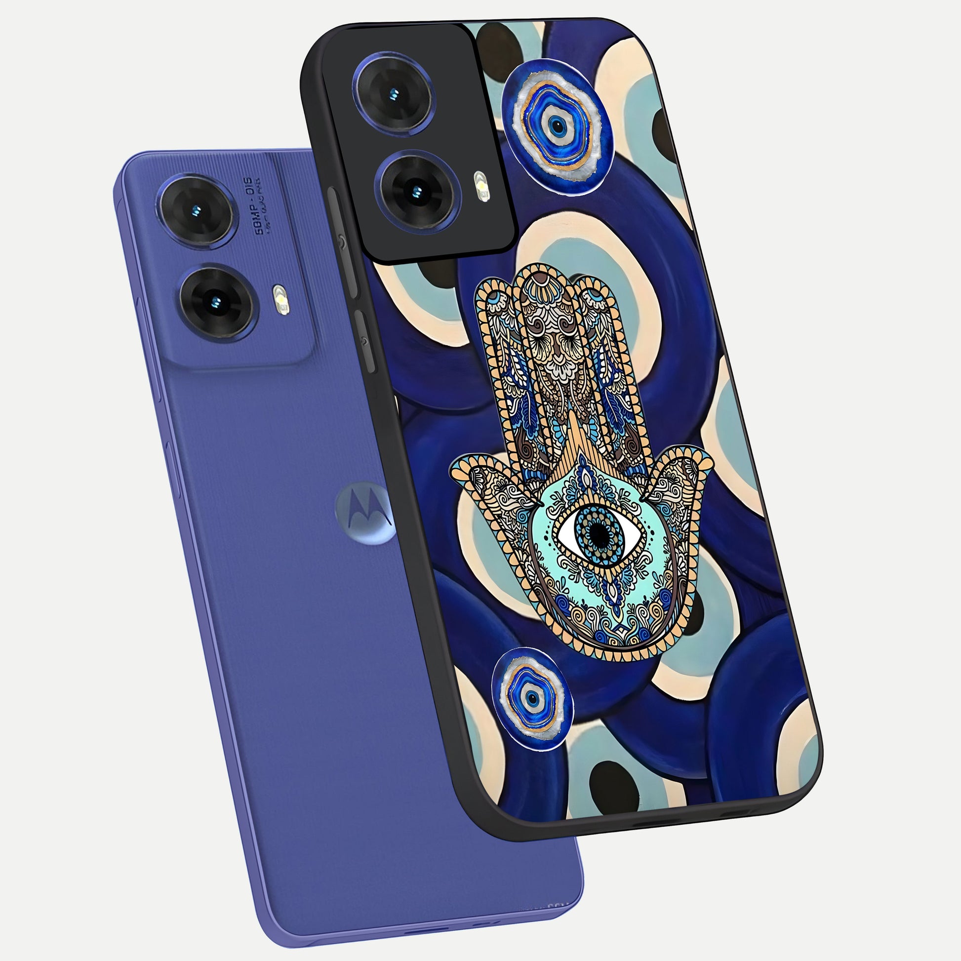  Hamsa Divine Guard phone case For Moto G85 showing premium glass back cover with detailed artwork