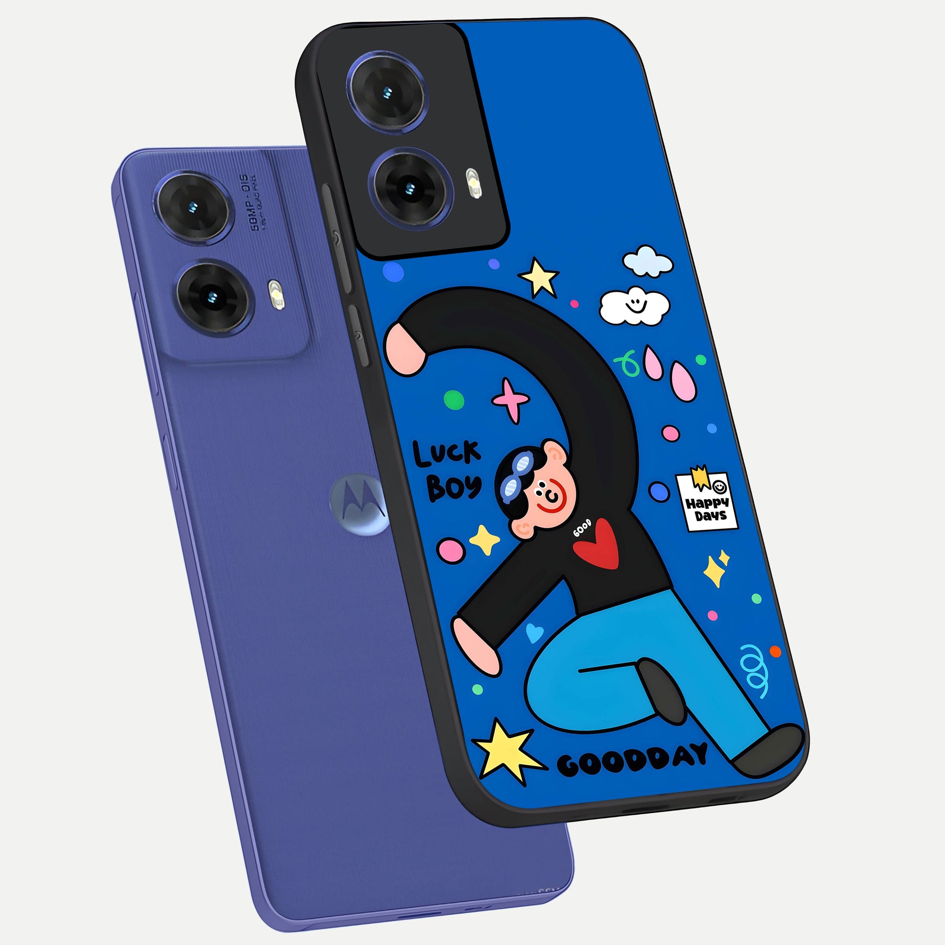  Happy Luck Vibe phone case For Moto G85 showing premium glass back cover with detailed artwork