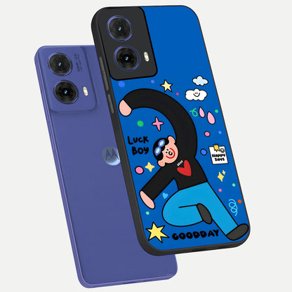  Happy Luck Vibe phone case For Moto G85 showing premium glass back cover with detailed artwork