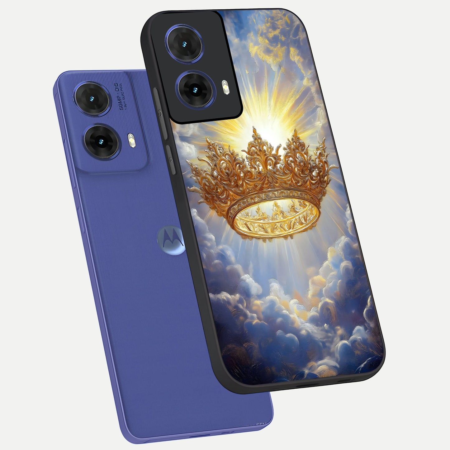  Heavenly Crown Light phone case For Moto G85 showing premium glass back cover with detailed artwork
