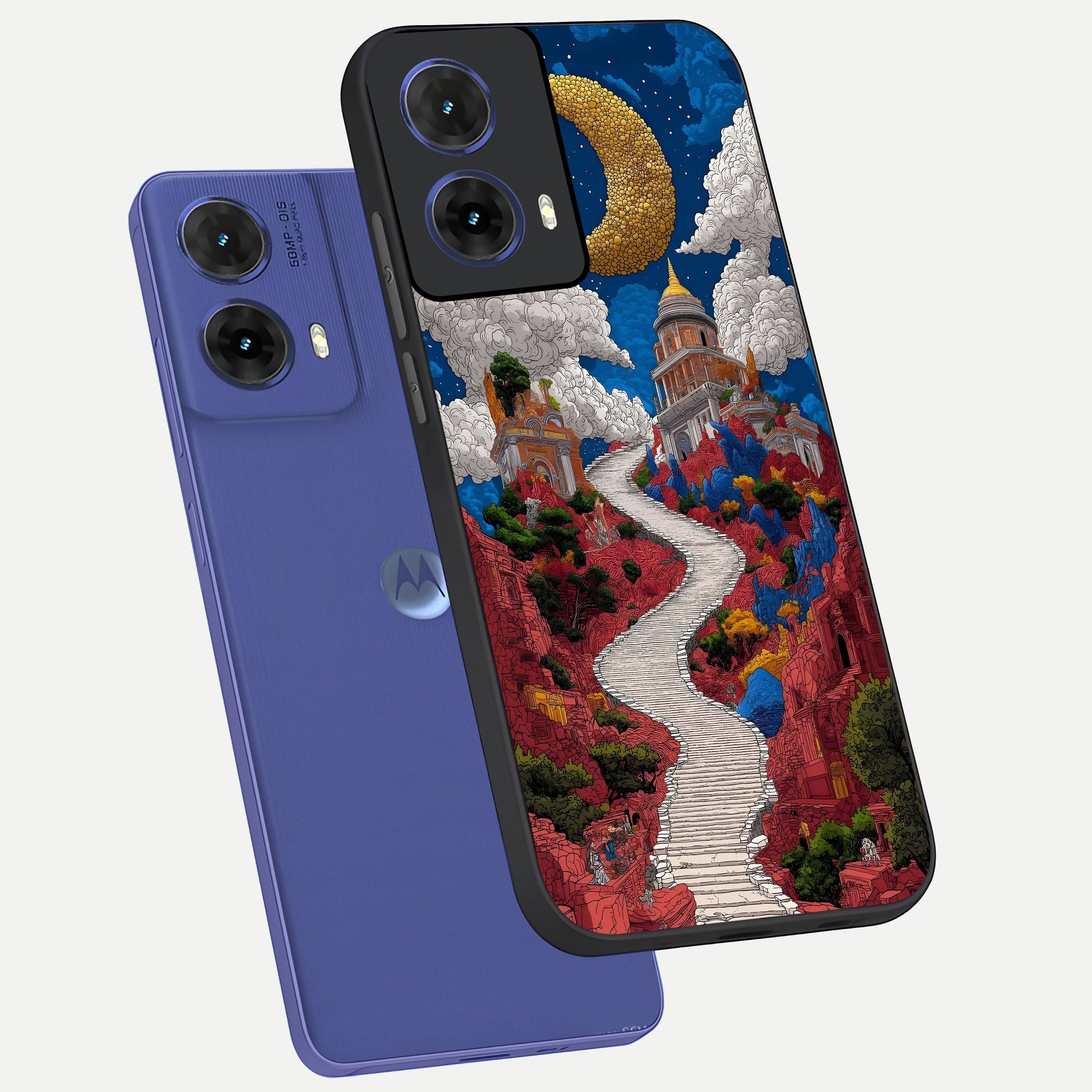  Heavenly Moon Path phone case For Moto G85 showing premium glass back cover with detailed artwork
