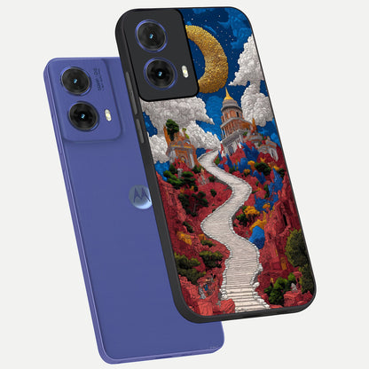  Heavenly Moon Path phone case For Moto G85 showing premium glass back cover with detailed artwork