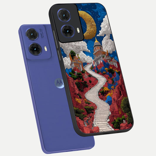  Heavenly Moon Path phone case For Moto G85 showing premium glass back cover with detailed artwork