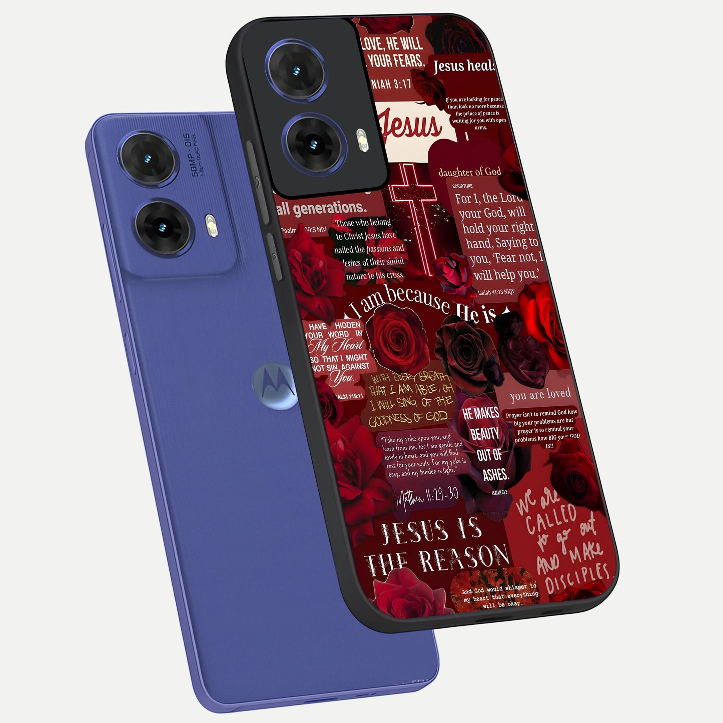 Jesus Love Heals phone case For Moto G85 showing premium glass back cover with detailed artwork