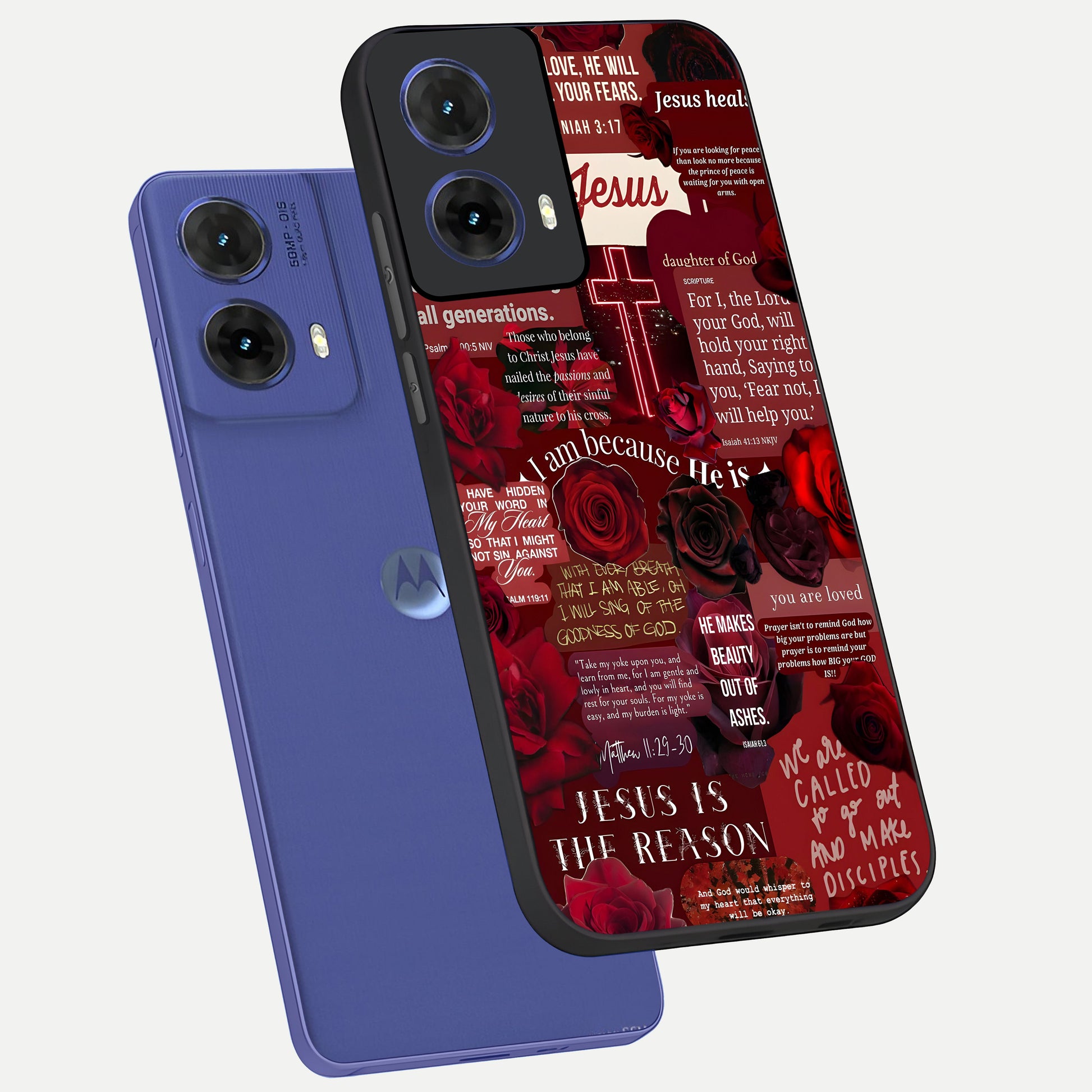  Jesus Love Heals phone case For Moto G85 showing premium glass back cover with detailed artwork