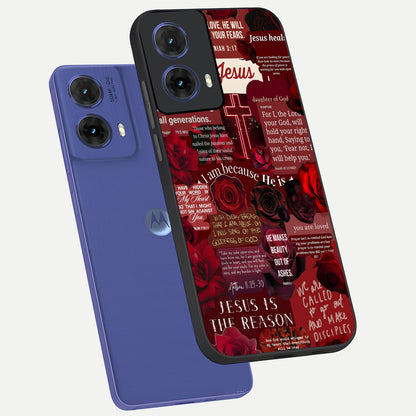  Jesus Love Heals phone case For Moto G85 showing premium glass back cover with detailed artwork