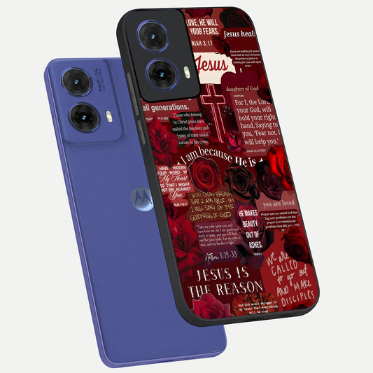  Jesus Love Heals phone case For Moto G85 showing premium glass back cover with detailed artwork