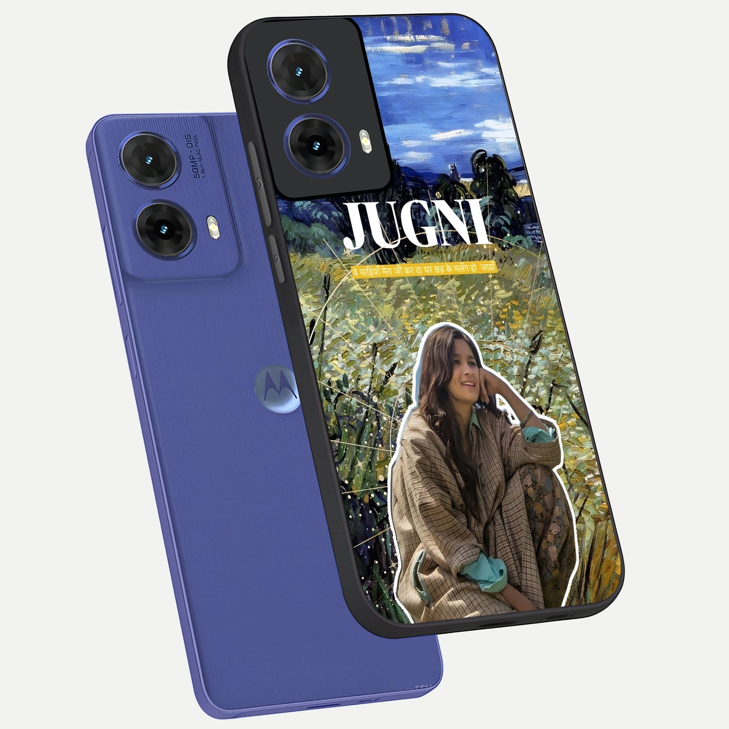  Jugni Soul Vibes phone case For Moto G85 showing premium glass back cover with detailed artwork