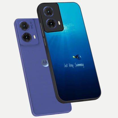  Just Keep Swimming phone case For Moto G85 showing premium glass back cover with detailed artwork