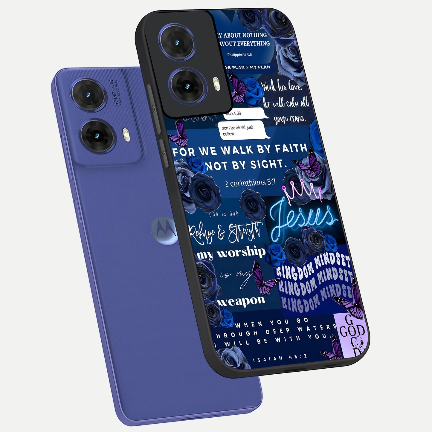  Kingdom Faith Glow phone case For Moto G85 showing premium glass back cover with detailed artwork