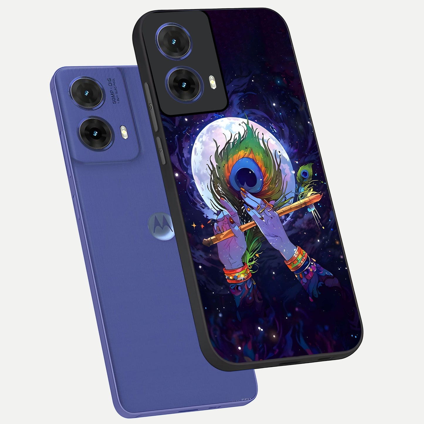  Krishna Hands Art phone case For Moto G85 showing premium glass back cover with detailed artwork