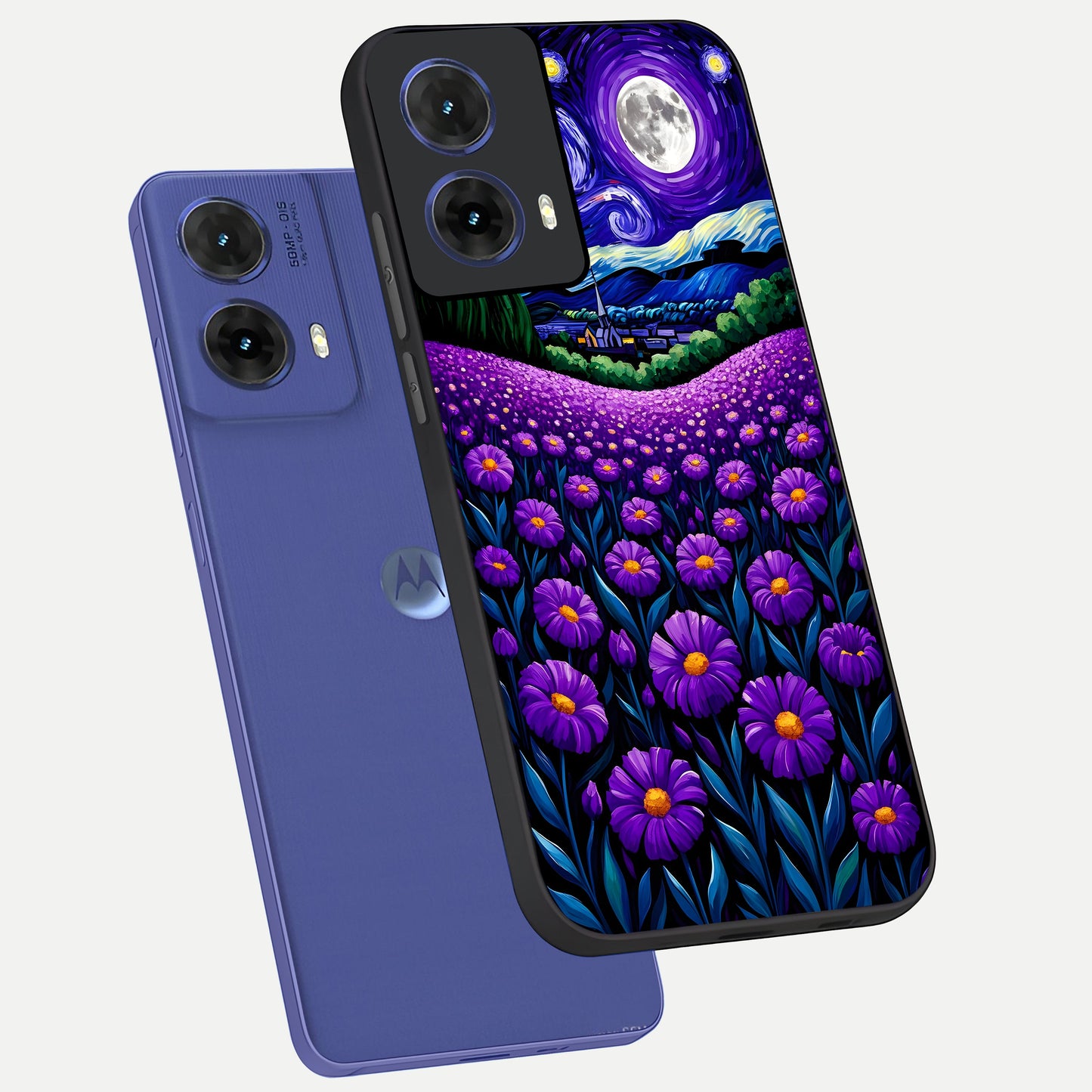  Lavender Moon Field phone case For Moto G85 showing premium glass back cover with detailed artwork