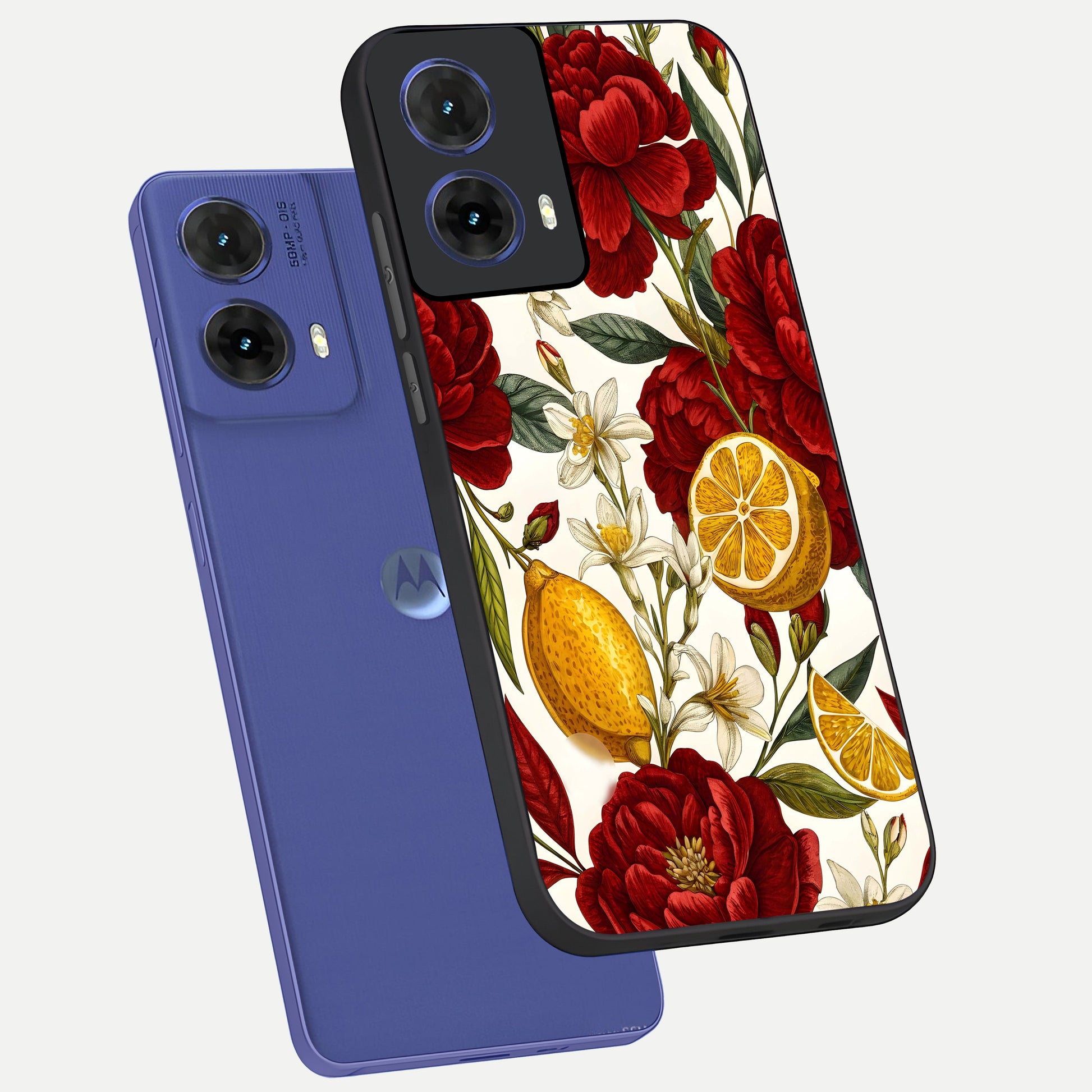  Lemon Rose Charm phone case For Moto G85 showing premium glass back cover with detailed artwork