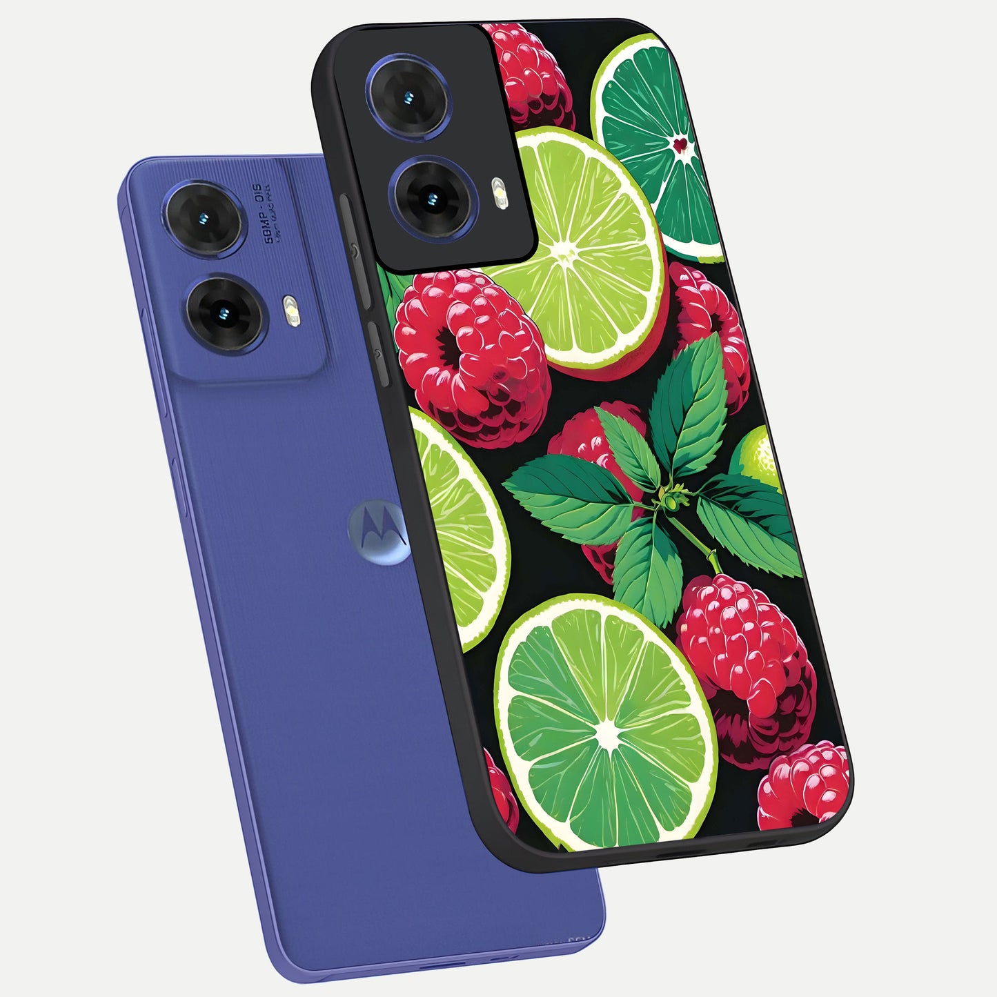  Lime and Raspberry Pattern phone case For Moto G85 showing premium glass back cover with detailed artwork
