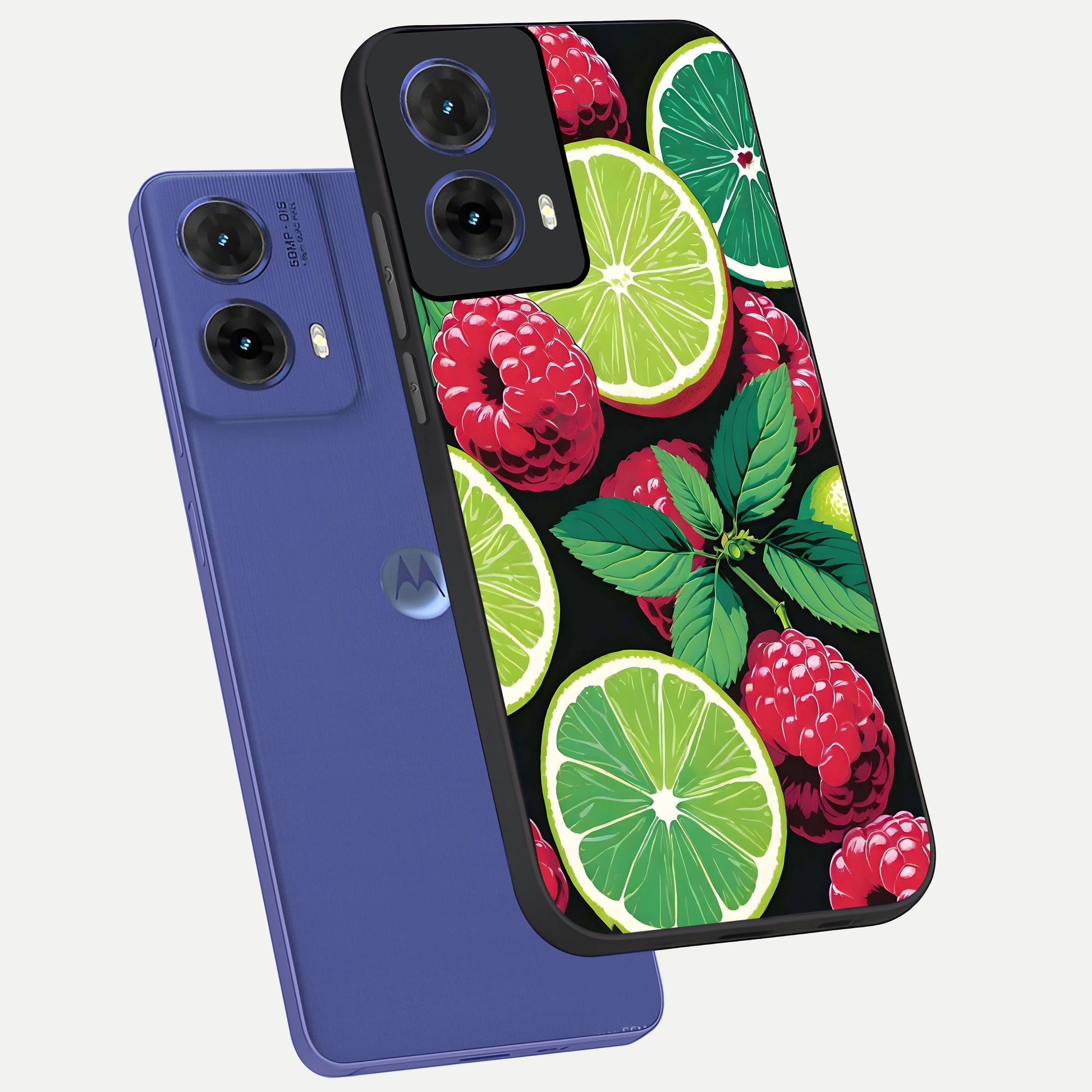  Lime and Raspberry Pattern phone case For Moto G85 showing premium glass back cover with detailed artwork